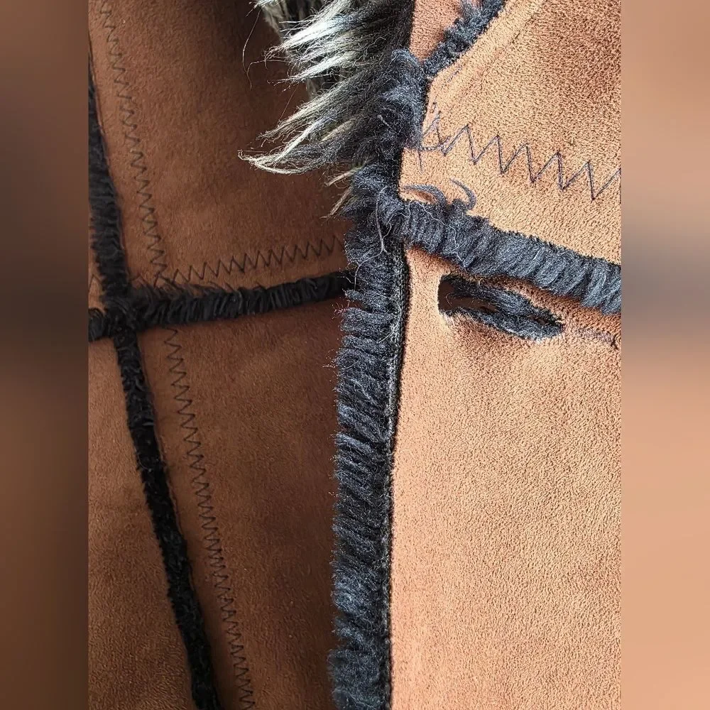 Vtg Brown Faux Suede Fur Hooded Full Length Long Afghan Penny Lane Coat Sz M - Picture 9 of 16